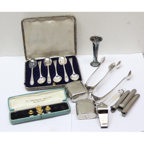 1052 - Qty of assorted silver plated and other items to inc 2 travelling inkwells, an Acme Thunderer whistl... 