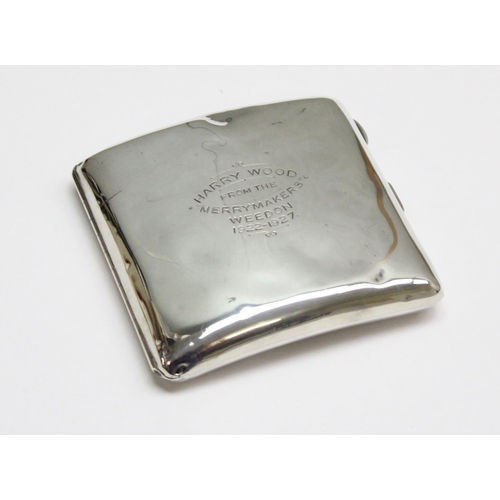 1056 - Silver cigarette case with dedication to Harry Wood from the Merrymakers Weedon, Birmingham 1927 by ... 