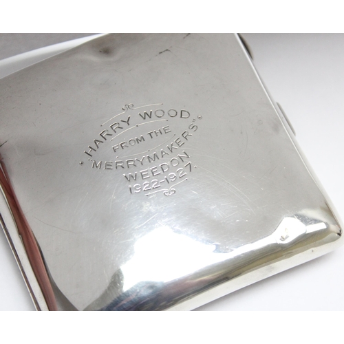 1056 - Silver cigarette case with dedication to Harry Wood from the Merrymakers Weedon, Birmingham 1927 by ... 