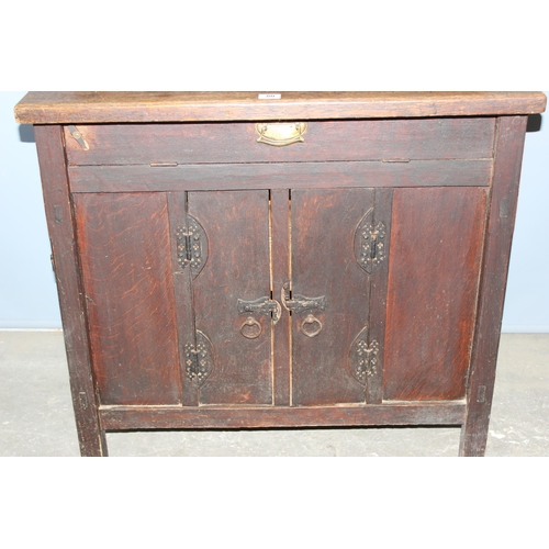 80 - An unusual vintage oak display dresser with side doors, mounted with brass bell etc, approx 98cm wid... 