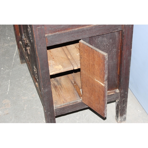 80 - An unusual vintage oak display dresser with side doors, mounted with brass bell etc, approx 98cm wid... 