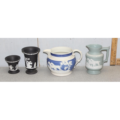 1789 - 4 pieces of Jasperware to include 2 black & white Wedgwood vases