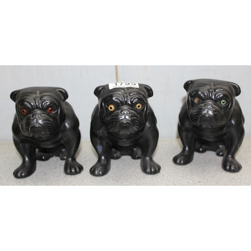 1795 - 3 vintage pottery bulldogs with glass eyes, each standing approx 13cm