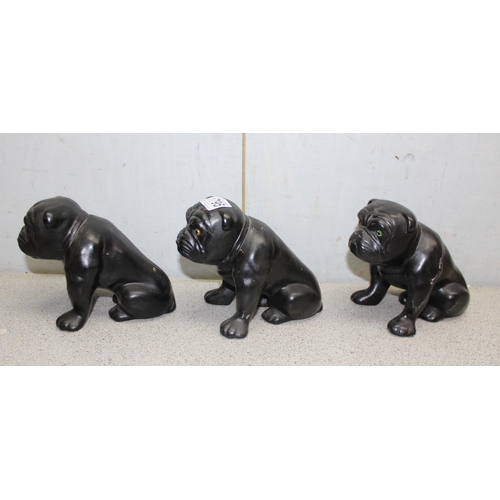 1795 - 3 vintage pottery bulldogs with glass eyes, each standing approx 13cm