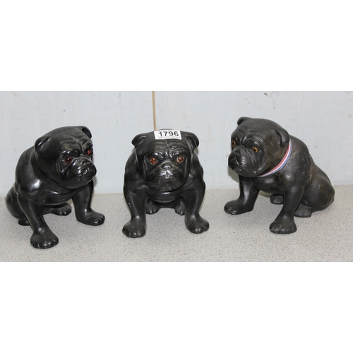 1796 - 3 vintage pottery bulldogs with glass eyes, each standing approx 17cm