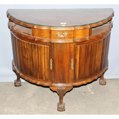 13 - An 18th century style demilune hall cabinet standing on ball and claw feet, approx 90cm wide x 77cm ... 