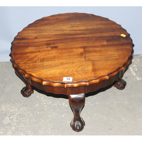 14 - A small vintage pine crust edged table with ball and claw feet, approx 60cm wide x 35cm tall