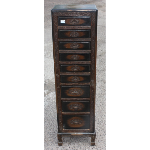 43 - An early 20th century Chinese carved wooden 9 drawer chest of drawers, approx 41cm wide x 153cm tall