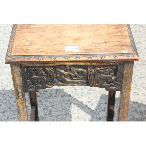 48 - 2 early 20th century Chinese carved wooden side tables, the largest approx 37cm wide