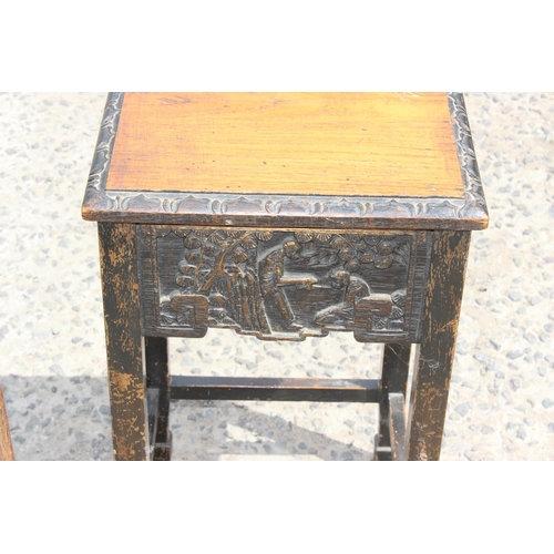 48 - 2 early 20th century Chinese carved wooden side tables, the largest approx 37cm wide