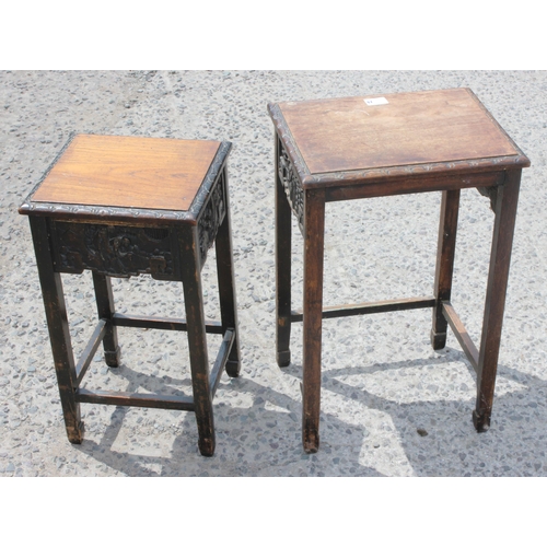 48 - 2 early 20th century Chinese carved wooden side tables, the largest approx 37cm wide