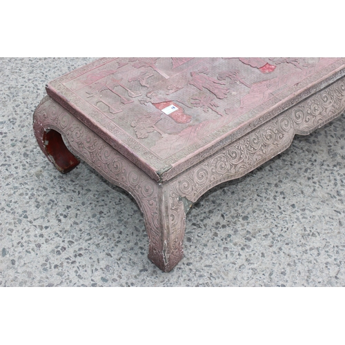 51 - Chinese lacquer low tea table or Kang table, likely early 20th century, approx 97cm wide x 35cm tall... 