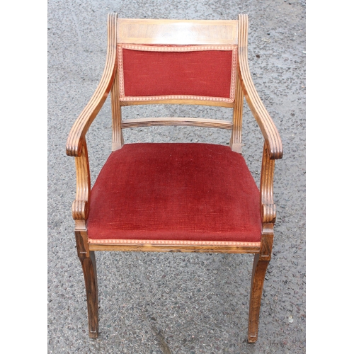 74 - A set of 12 Regency style carver armchairs, believed to be rosewood, with sabre legs and red velvet ... 