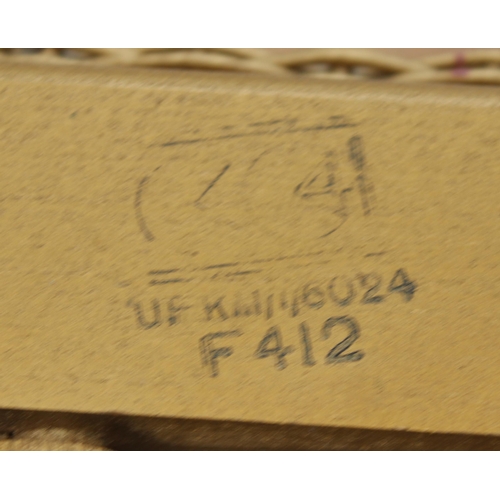 112 - A Lloyd Loom style utility furniture chair, label missing, gold finish with upholstered seat