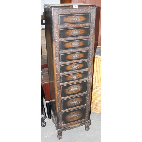 43 - An early 20th century Chinese carved wooden 9 drawer chest of drawers, approx 41cm wide x 153cm tall