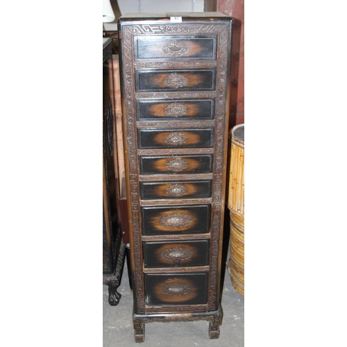 43 - An early 20th century Chinese carved wooden 9 drawer chest of drawers, approx 41cm wide x 153cm tall