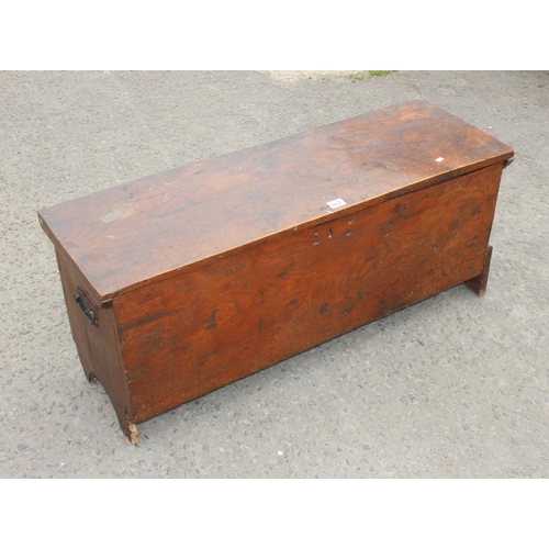 10 - An antique elm coffer with iron handles, likely 18th or 19th century, approx 110cm wide x 36cm deep ... 