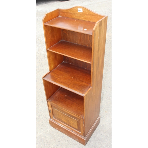 16 - A slim 3 shelf mahogany bookcase with cupboard, approx 42cm wide, x 117cm tall