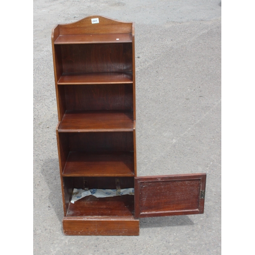 16 - A slim 3 shelf mahogany bookcase with cupboard, approx 42cm wide, x 117cm tall