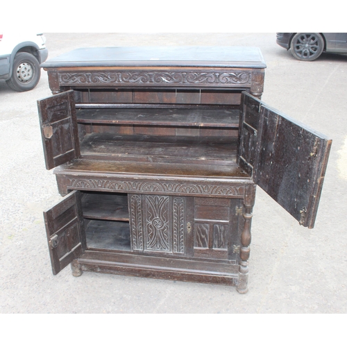 34 - Antique Jacobean style oak court cupboard, likely late 19th century, approx 105cm wide x 58cm x 126c... 