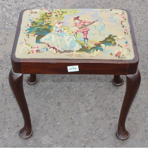 30 - A small antique mahogany Sutherland table with turned legs and a mahogany stool with Pheasant tapest... 