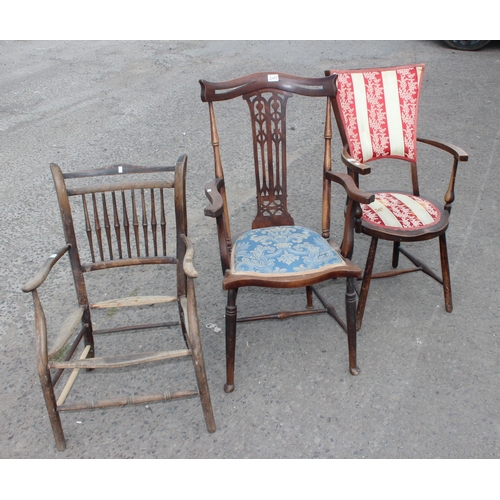 36 - 3 early 20th century Arts & Crafts period designed chairs, one frame only