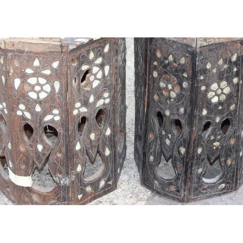 13 - A pair of antique North African Moorish octagonal tables with bone and mother of pearl inlay, likely... 