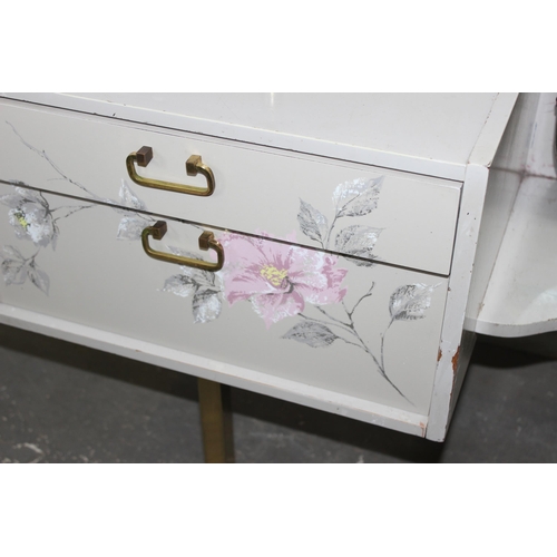 73 - A retro G-Plan dressing table with green and floral painted decoration, approx 144cm wide