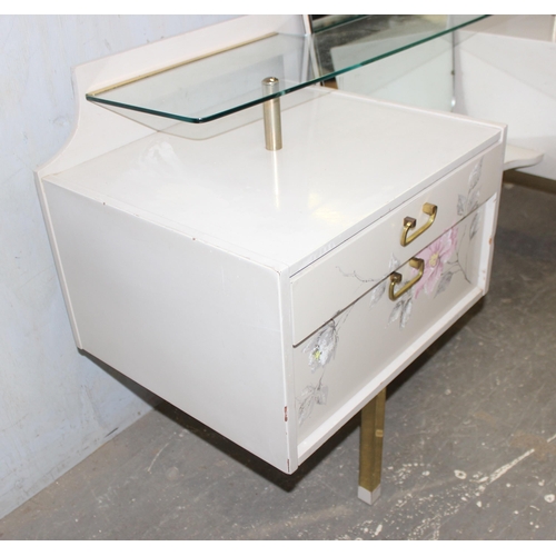 73 - A retro G-Plan dressing table with green and floral painted decoration, approx 144cm wide