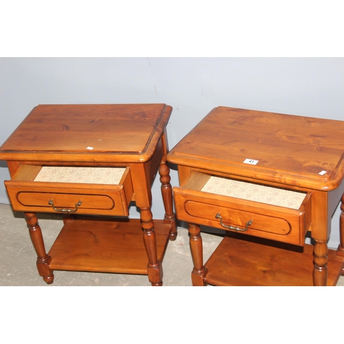 41 - A pair of Alderwood bedside tables with single drawers, approx 54cm wide x 37cm deep x 60cm tall