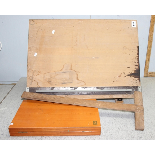 654 - Vintage British Thornton Parallel motion drawing board with T square and stationery box