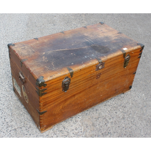 94 - A late 19th or early 20th century Chinese camphorwood campaign or shipping trunk with brass bound at... 