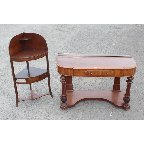 120 - An antique mahogany side table with single drawer and a corner wash stand (2)