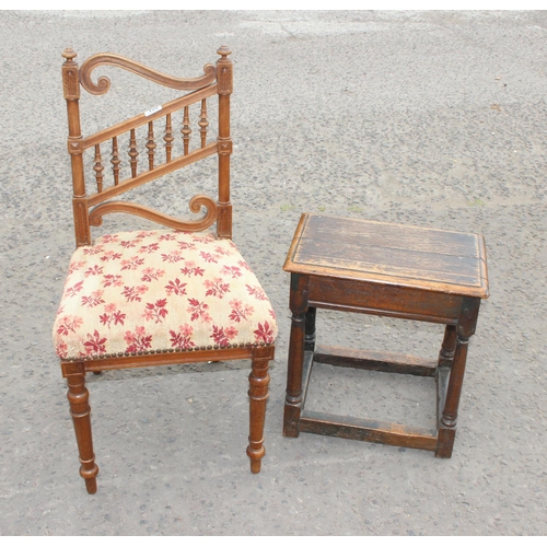 122 - An unusual antique bedroom chair and a small oak coffin stool (2)