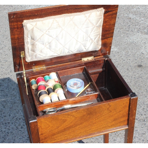 60 - A vintage mahogany sewing box with contents, approx 40cm wide x 69cm tall