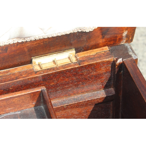 60 - A vintage mahogany sewing box with contents, approx 40cm wide x 69cm tall