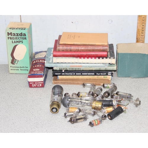 650 - Assorted vintage radio valves projector lamps with associated books