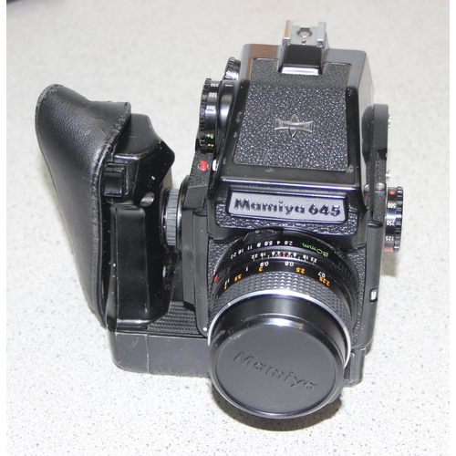 657 - A Mamiya M645 J camera with Mamiya Sekor 1:2.8 f=80mm lens, a further 1:2.8 f=45mm lens, in canvas c... 