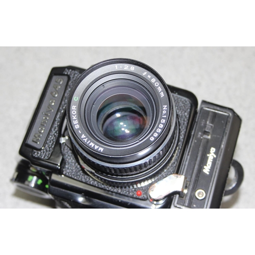 657 - A Mamiya M645 J camera with Mamiya Sekor 1:2.8 f=80mm lens, a further 1:2.8 f=45mm lens, in canvas c... 