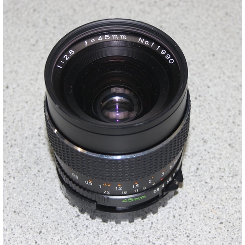 657 - A Mamiya M645 J camera with Mamiya Sekor 1:2.8 f=80mm lens, a further 1:2.8 f=45mm lens, in canvas c... 