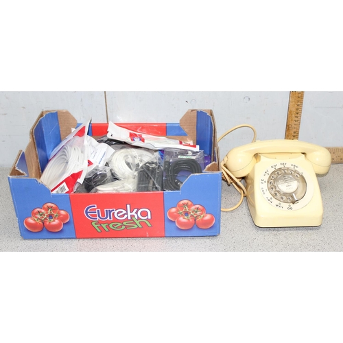 664 - Cream coloured vintage telephone and a qty of TV aerial cables