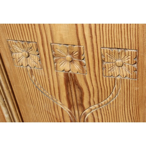 5 - A vintage pine side cupboard with one long drawer over cupboard base, with carved details, approx 10... 