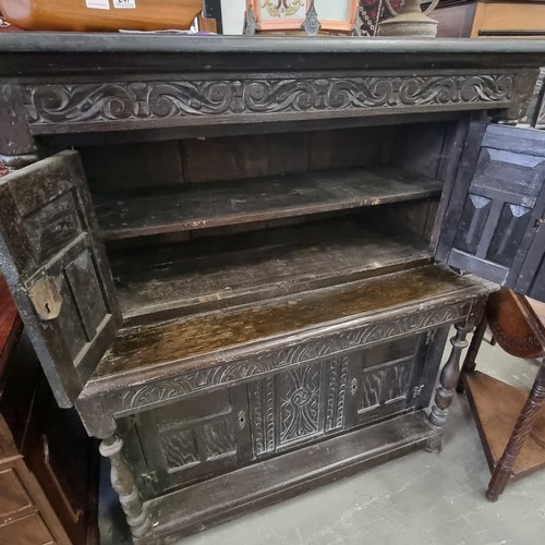 34 - Antique Jacobean style oak court cupboard, likely late 19th century, approx 105cm wide x 58cm x 126c... 