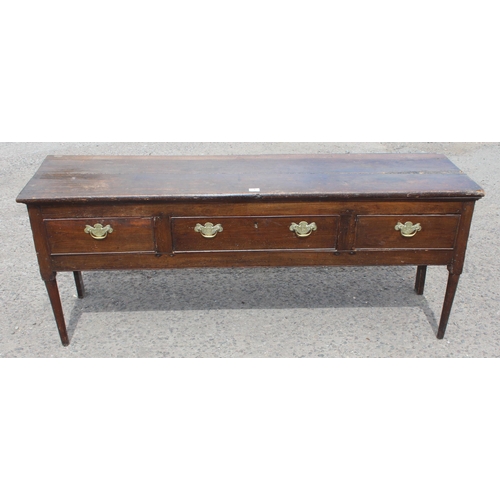 1 - An 18th century oak/ elm sideboard with 3 drawers, brass handles on turned wooden legs, approx 170cm... 