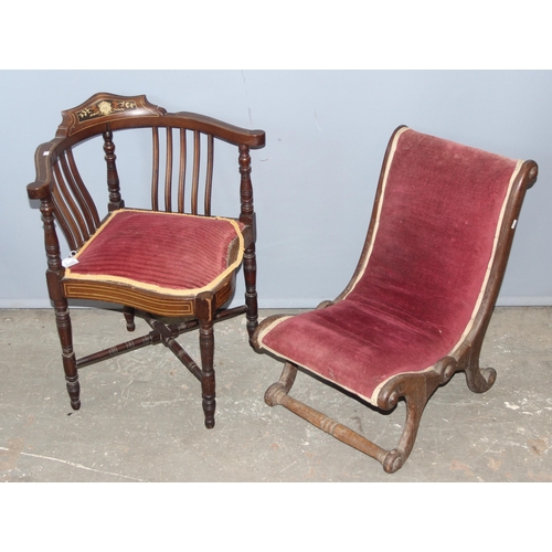 10 - An antique inlaid corner chair and a Victorian low mahogany nursing chair with burgundy upholstery (... 