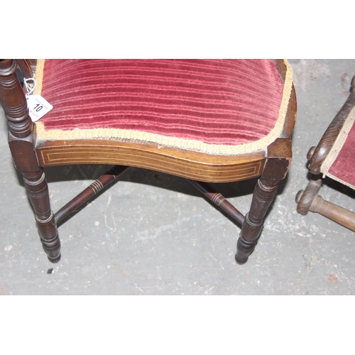 10 - An antique inlaid corner chair and a Victorian low mahogany nursing chair with burgundy upholstery (... 