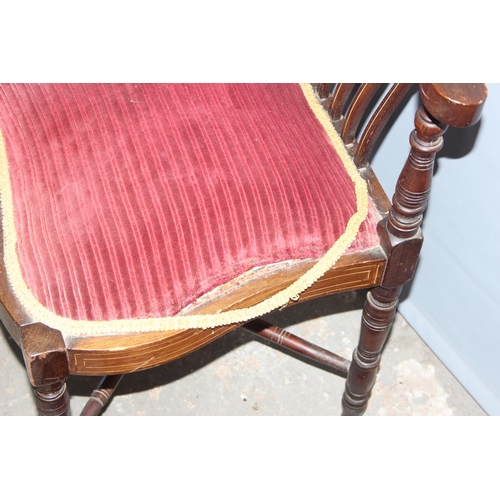 10 - An antique inlaid corner chair and a Victorian low mahogany nursing chair with burgundy upholstery (... 