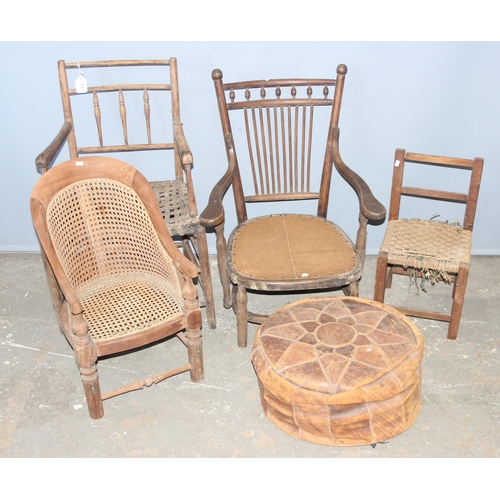 11 - 2 Arts & Crafts period armchairs, 2 vintage children's chairs and a vintage leather pouffe (5)