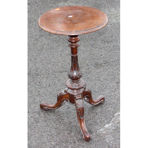 47 - A 19th century walnut wine table with profusely carved tripod base, approx 42cm wide x 72cm tall