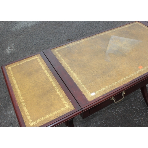 35 - A William IV style leather topped drop leaf sofa table with 2 drawers, approx 144cm wide x 51cm deep... 